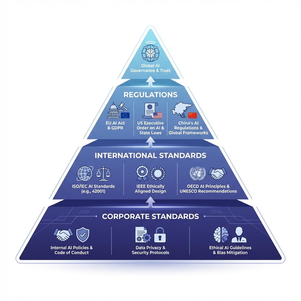 AI Compliance Pyramid: Corporate Standards at the bottom, International Standards in the middle, and Regulations at the top