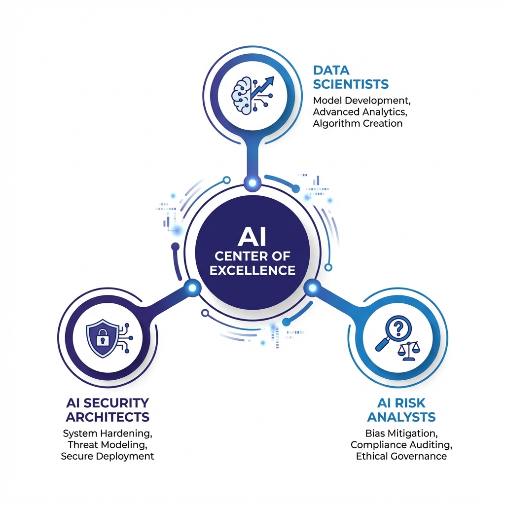 AI Center of Excellence Governance Structure showing relationships between Data Scientists, AI Security Architects, and Risk Analysts